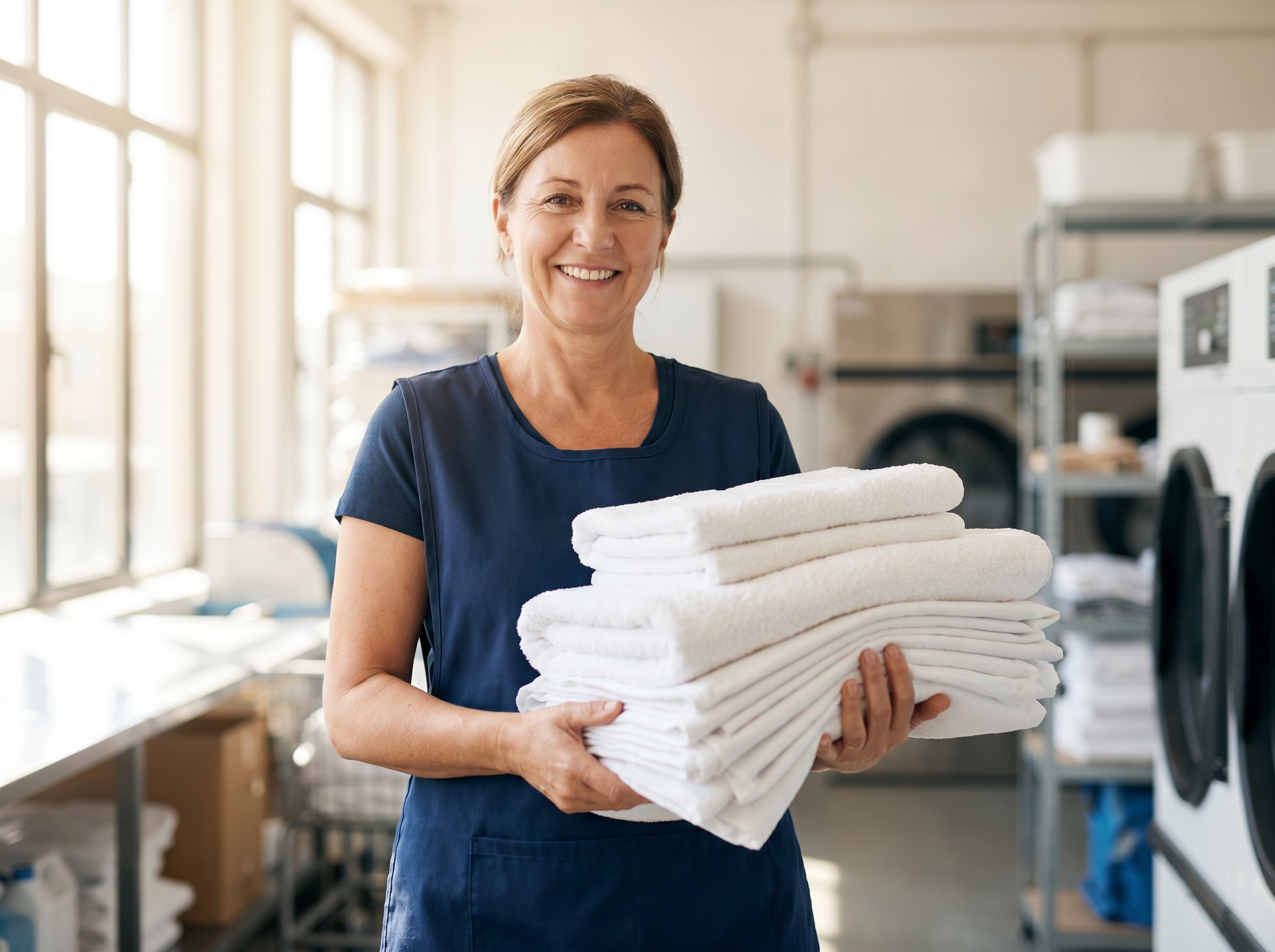 Easy Laundry team member holding freshly laundered folded white hotel towels in a commercial laundry