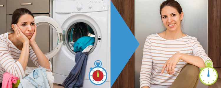 Easy Laundry saves you time, a before and after of a laundry pile and neatly folded clothes